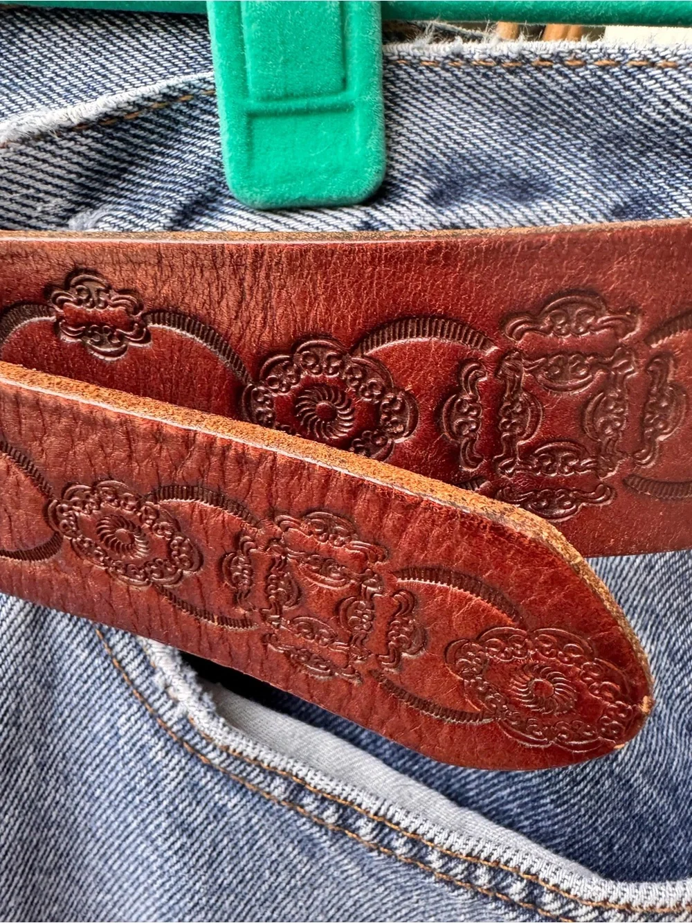 Fossil Brown Leather Belt L Embossed Boho Western Statement Buckle